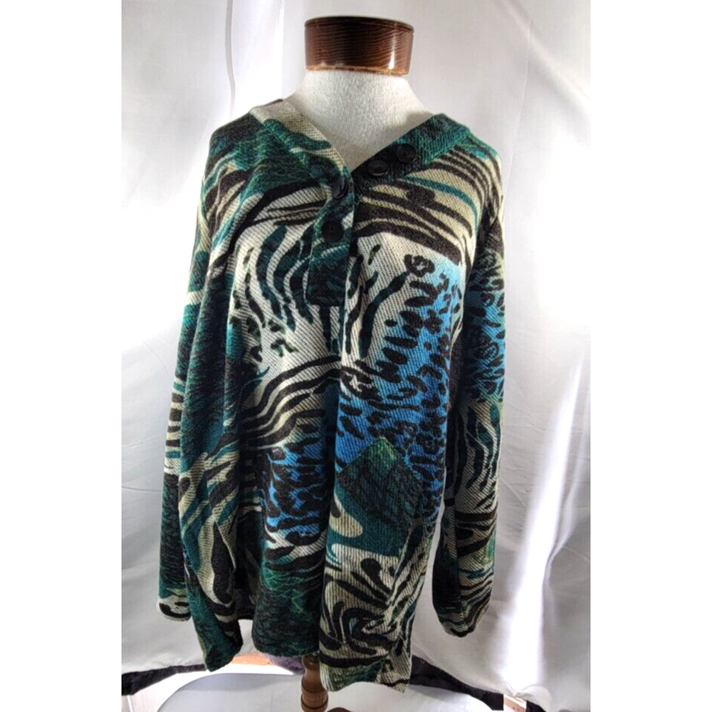 Mirror Image Womens 2X Black Green Button Neck Pockets Long Sleeve Sweater NWT